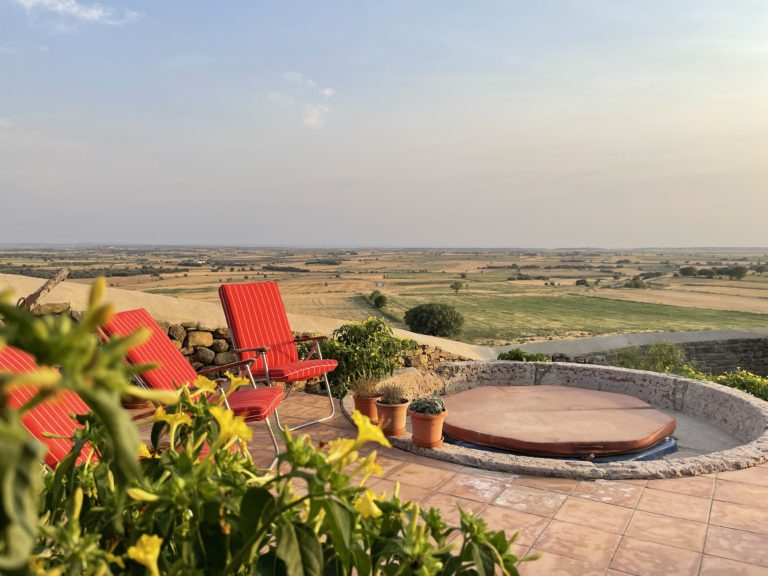 Terraza con una antigua rueda de molino y vistas a la Segarra